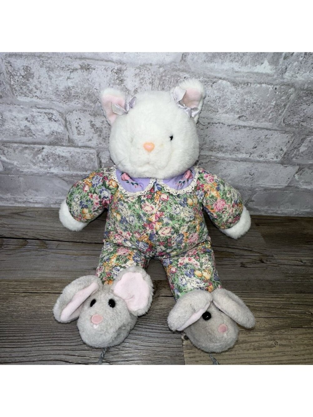 Vtg Plush Creations Cat Kitten Floral Pjs Mouse Slippers Stuffed Plush # 3650